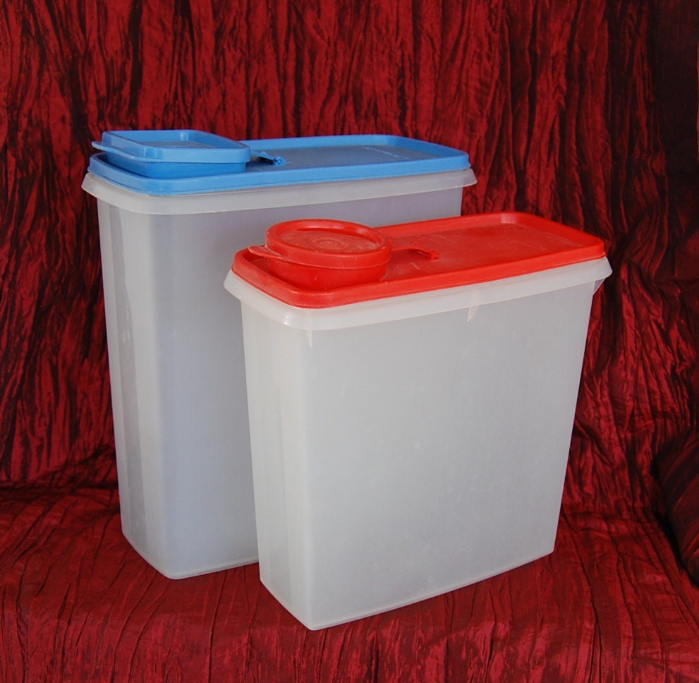 Set of 2 Vintage Tupperware Cereal Storers Super Size with Blue seal and Regular Cereal Storer with Poppy Red Seal