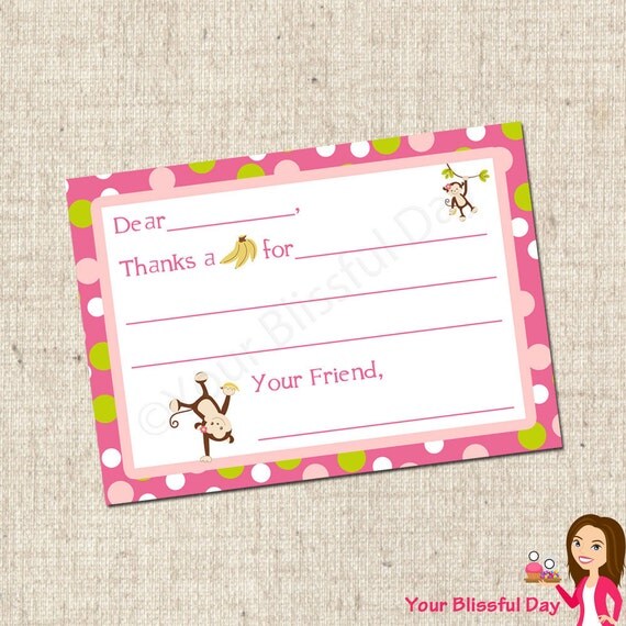 PRINTABLE Girl Monkey Fill-in-the-Blank Thank You Cards Il_570xn