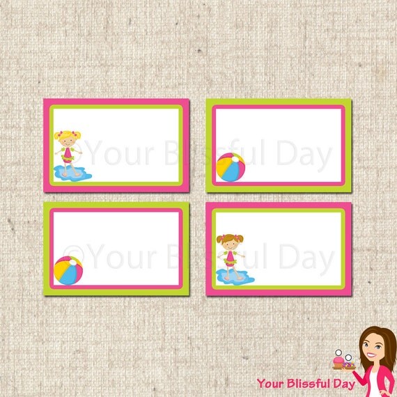 PRINTABLE Girl Pool Party Label Tents (Your choice of character) Il_570xn