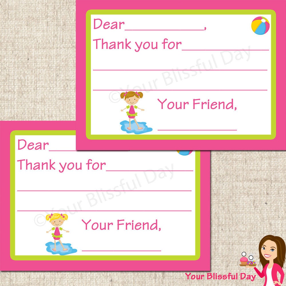 PRINTABLE Girl Pool Party Fill-in-the-Blank Thank You Cards (Your choice of character) Il_570xn