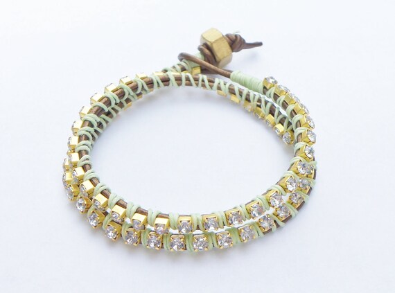 Leather Rhinestone Wrap Bracelet - double wrap, stacking bracelet, wrist bling, mint green, greek leather
