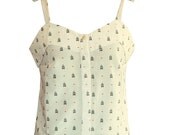 SALE 40% White with Birds and Hearts print blouse, Button down shirt, Women tank top- only one left