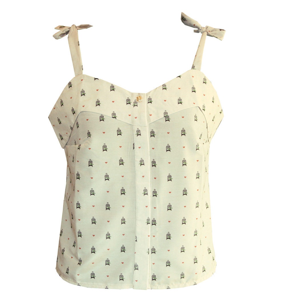 SALE 40% White with Birds and Hearts print blouse, Button down shirt, Women tank top