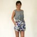 White and purple florl print Women shorts with front zipper