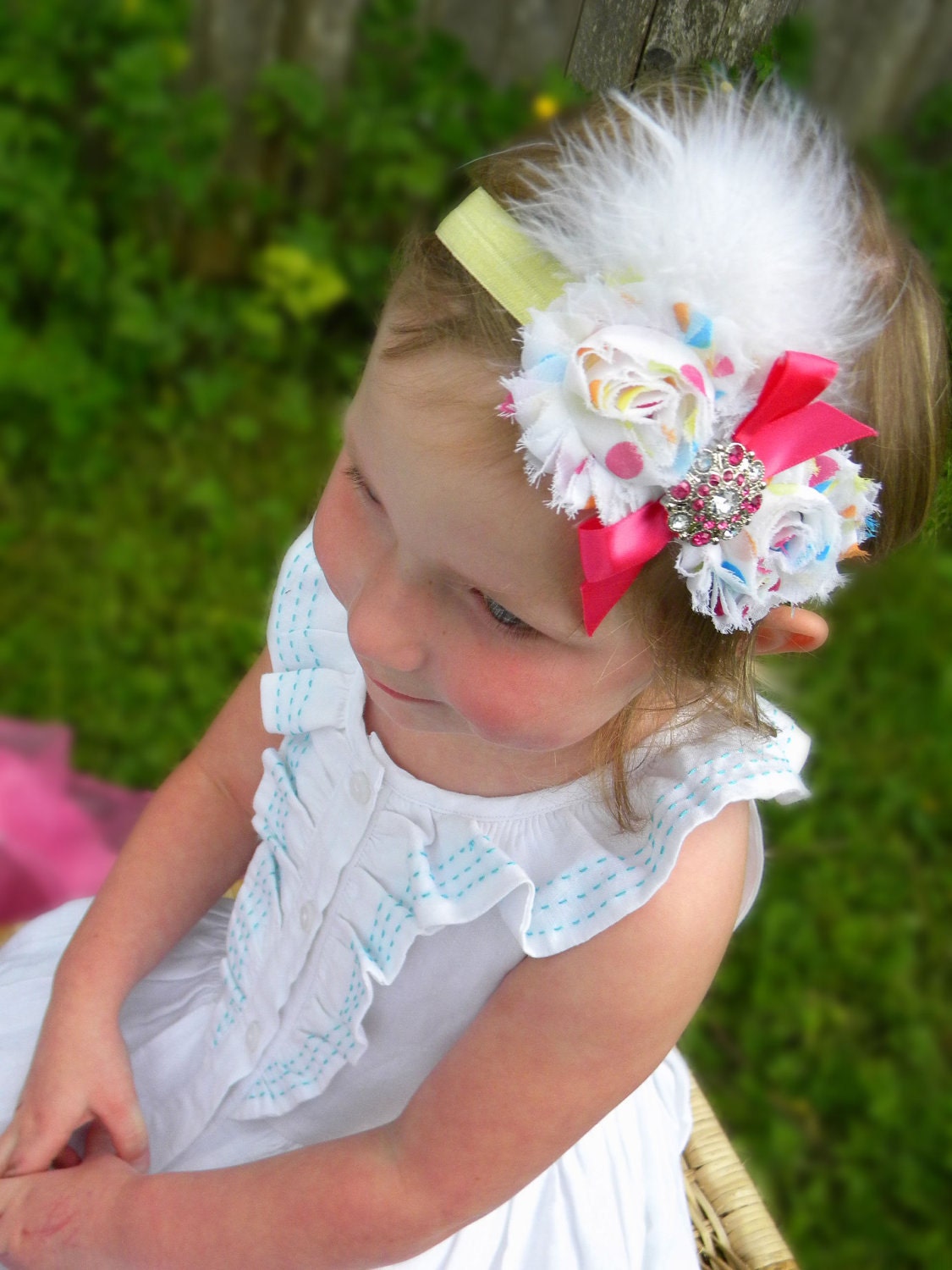Pink & White flower headband, yellow, blue, birthday headband, shabby headband, polkadot headband, infant, toddler, adult, photo prop