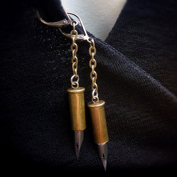 Brass Bullet Shell and Vintage Pen Nib Leverback Earrings
