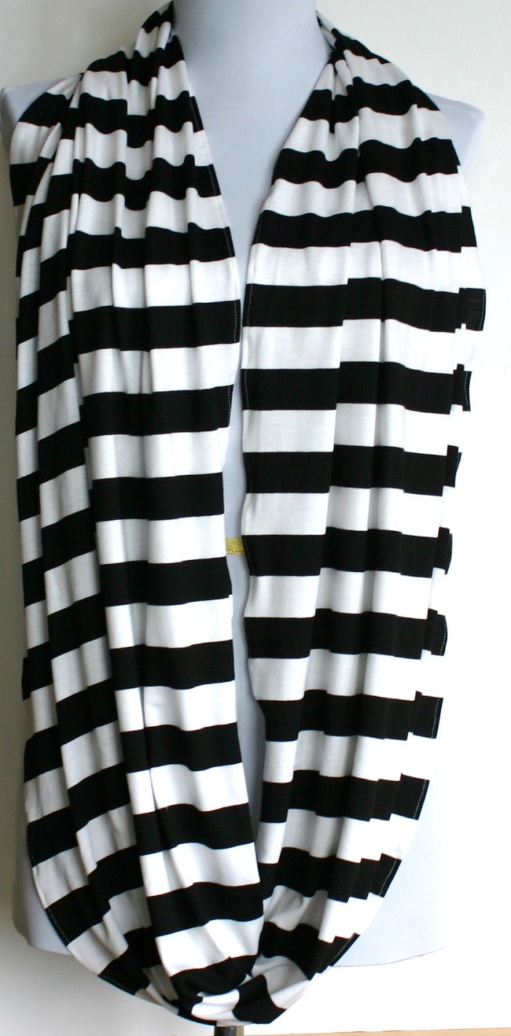 Infinity Scarf in Black and White Stripes Jersey, Loop Scarf, Eternity Scarf, Circle Scarf