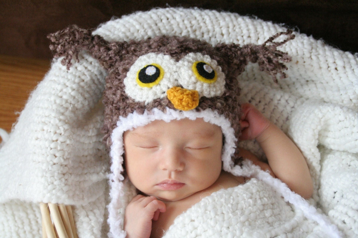 Crochet Fuzzy Brown Owl Hat (Newborn)