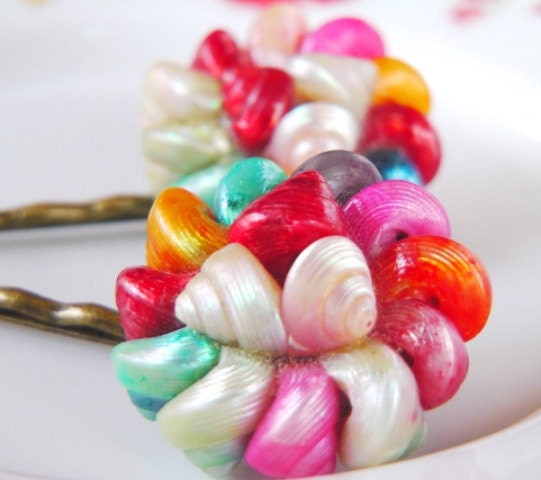 Mermaid hair accessory handmade shell hair pins rainbow color