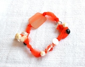 Fabric  bracelet orange whit beads Bangle with recycled seaglass and shells for her - one of a kind - OOAK