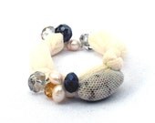 Fabric white bracelet Beaded bangle  with recycled shells and sponge for her - one of a kind - OOAK