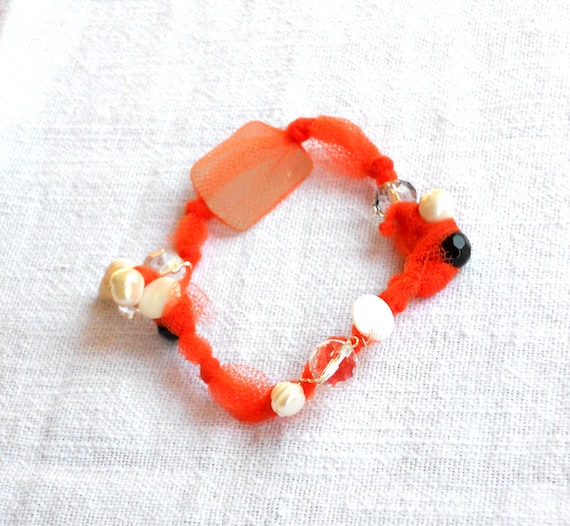Fabric  bracelet orange whit beads Bangle with recycled seaglass and shells for her - one of a kind - OOAK