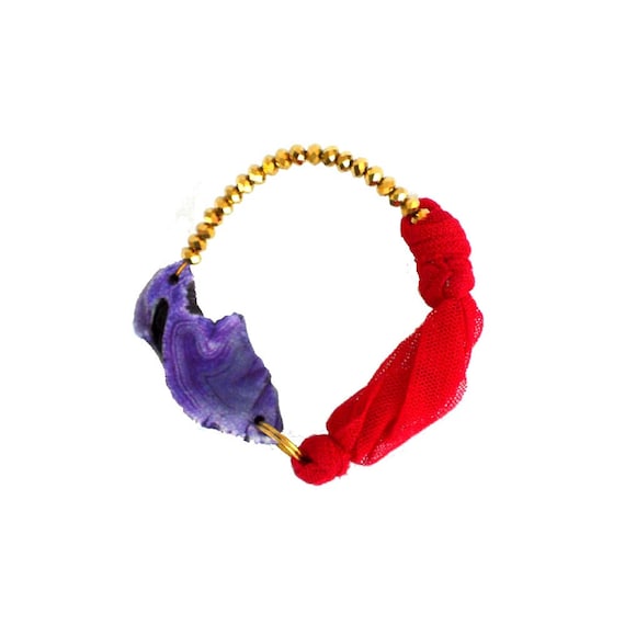Fabric  bracelet bangle with golden beads and agate - one of a kind