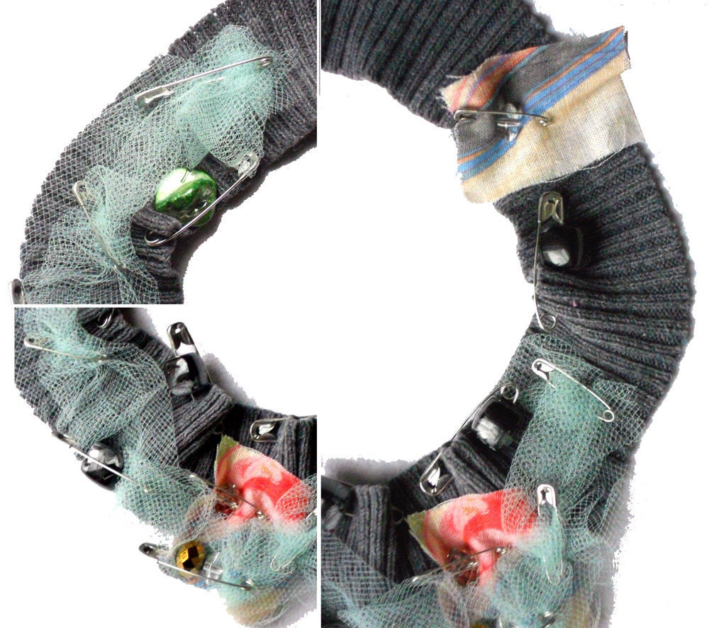 Recycled fabric necklace Bib with safety pins and beads for her - one of a kind-OOAK