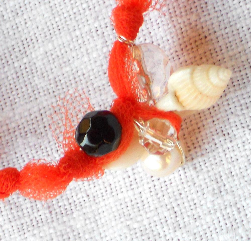 Fabric  bracelet orange whit beads Bangle with recycled seaglass and shells for her - one of a kind - OOAK