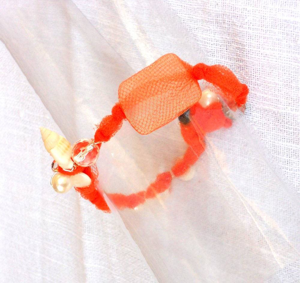 Fabric  bracelet orange whit beads Bangle with recycled seaglass and shells for her - one of a kind - OOAK