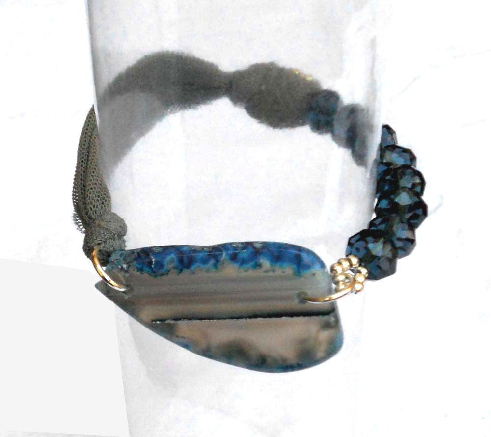 Fabric   bracelet bangle with blue beads and agate  - one of a kind