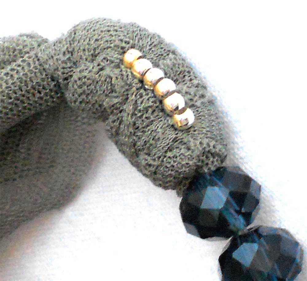 Fabric   bracelet bangle with blue beads and agate  - one of a kind