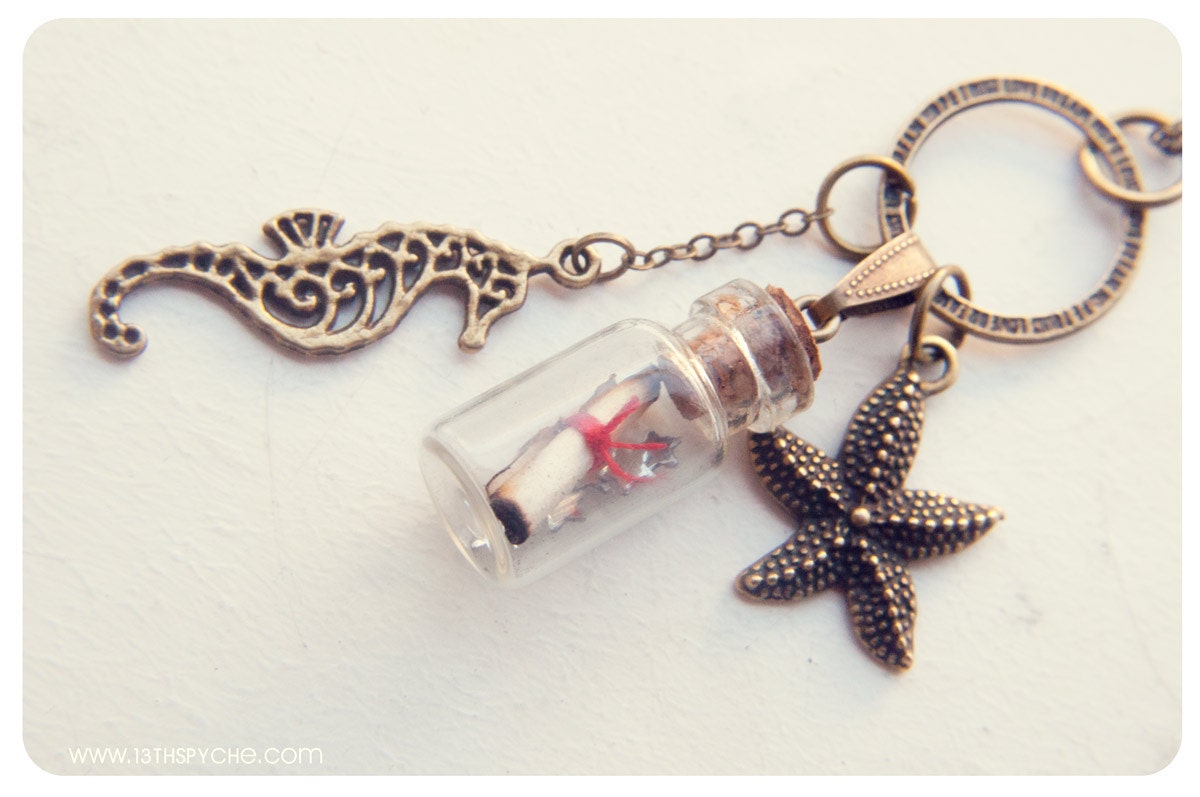 Message in a Bottle necklace. Glass bottle pendant with starfish and seahorse. miniature bottle vial pendant Ocean necklace cute