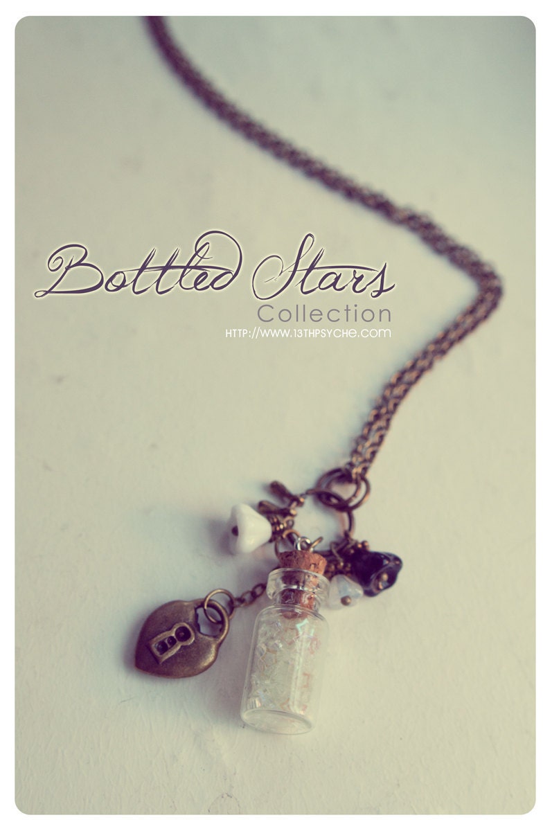 Tiny Bottle necklace, with glass flowers cute glitter stars. CUSTOM STARS COLOR. Glass Vial Necklace, Bottle Pendant