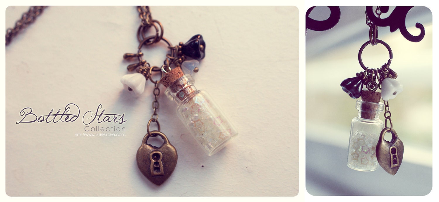 Tiny Bottle necklace, with glass flowers cute glitter stars. CUSTOM STARS COLOR. Glass Vial Necklace, Bottle Pendant