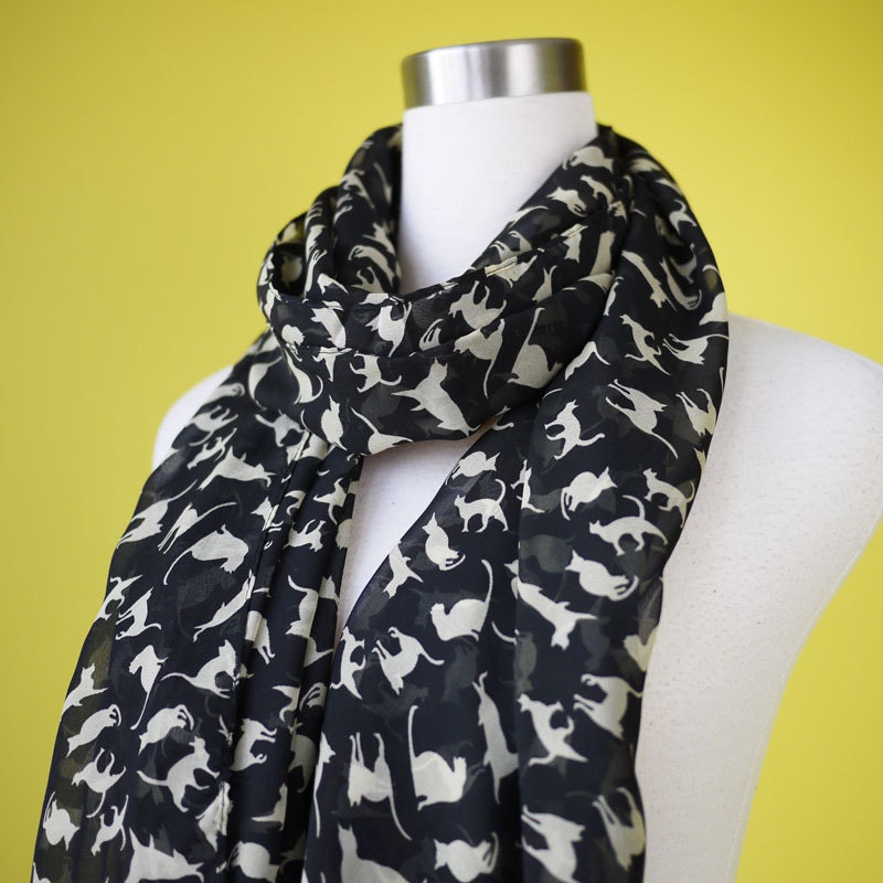 Cat print scarf black cat scarf chiffon scarf causal long scarf shawl belt white cat in black