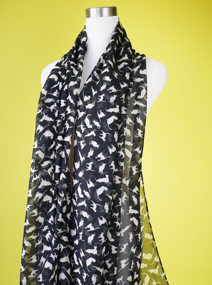 Cat print scarf black cat scarf chiffon scarf causal long scarf shawl belt white cat in black