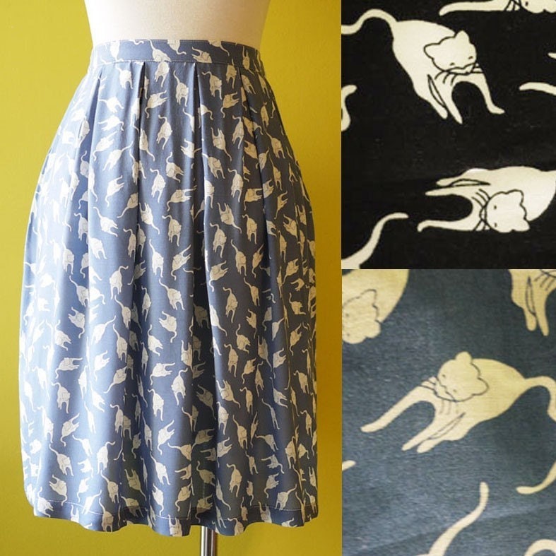 Cat pleated skirt knee length pastel blue elasticated back waist band fully lined - SMALL