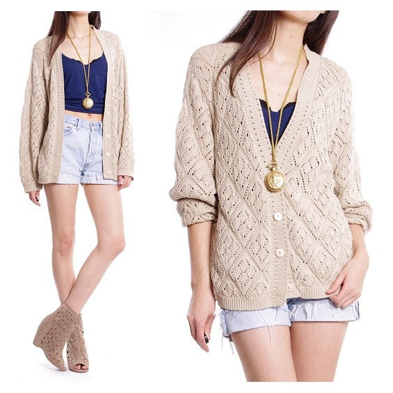 Vintage 80s Oversize Cardigan Open Knit Sweater Slouchy Beige Boho - XS / S / M / L