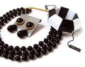 Vintage Lucite Jewelry Set, Black and White Costume Jewelry Set, MINT Condition w/ Tags, Statement Jewelry, Multi Strand Adjustable Necklac