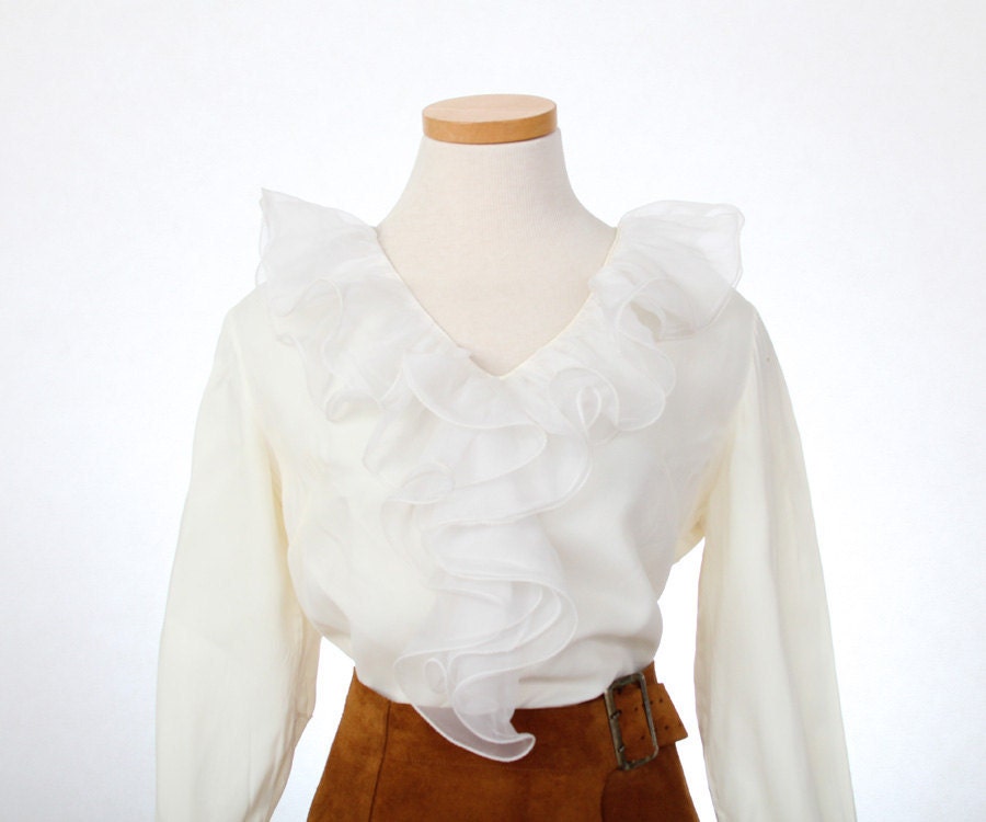 Ruffle-neck and cuff chiffon off-white/cream blouse with long sleeves - size medium
