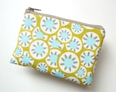 Autumn Fall Mustard and Aqua Kaleidoscope Flowers Mini Zippered Pouch