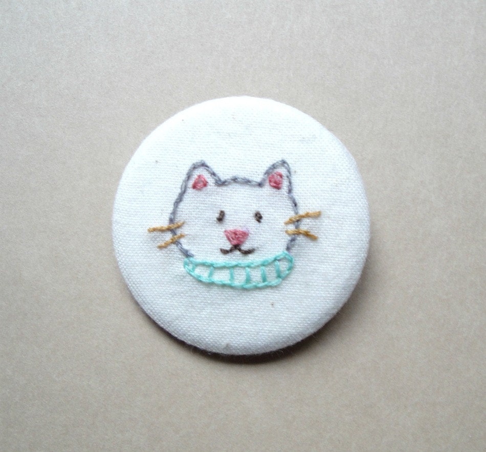 Gray Kitten Gray Cat with Turquoise Collar Scarf Hand Embroidered Pin Brooch