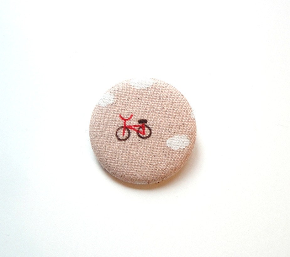 Bright Red Bicycle and Clouds Fabric Button Pin