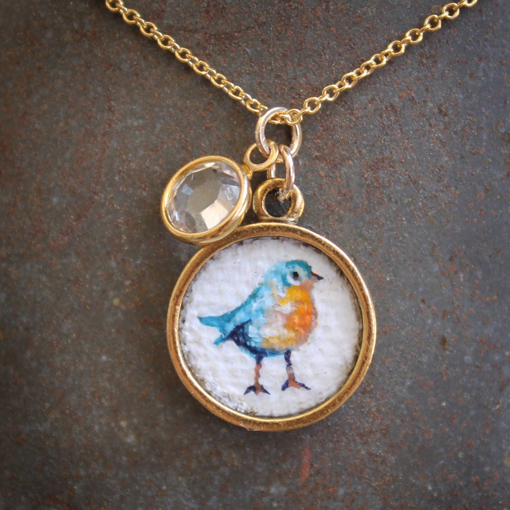 Original Hand Painted Oil Charm Pendant Necklace or Bracelet - Bluebird