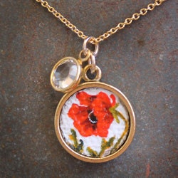 Original Hand Painted Oil Charm Pendant Necklace or Bracelet- Red Poppy Flower