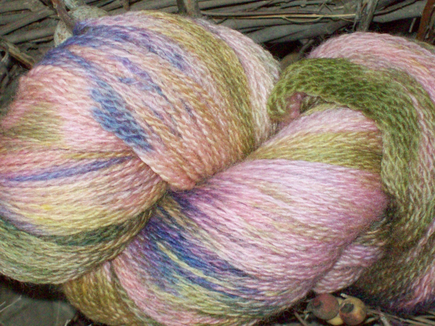 Hand Dyed, Peruvian Highland Wool , Fingering Weight , 440 yards, "Pink and Purple Tulips". Pink, Purple and Moss Green yarn colors