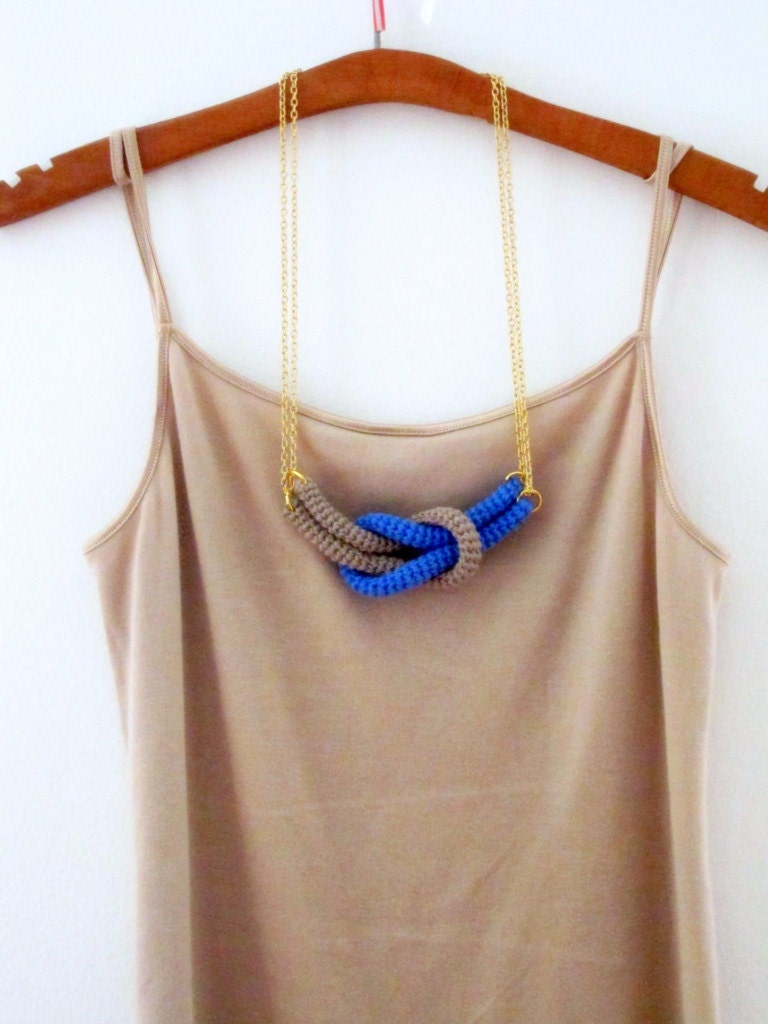 Together, crochet knot necklace. Nautical knot necklace. Blue and sand cotton yarn