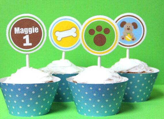 Playful Puppy Cupcake Toppers & Cupcake Wraps - set of 12 - four styles Il_570xn