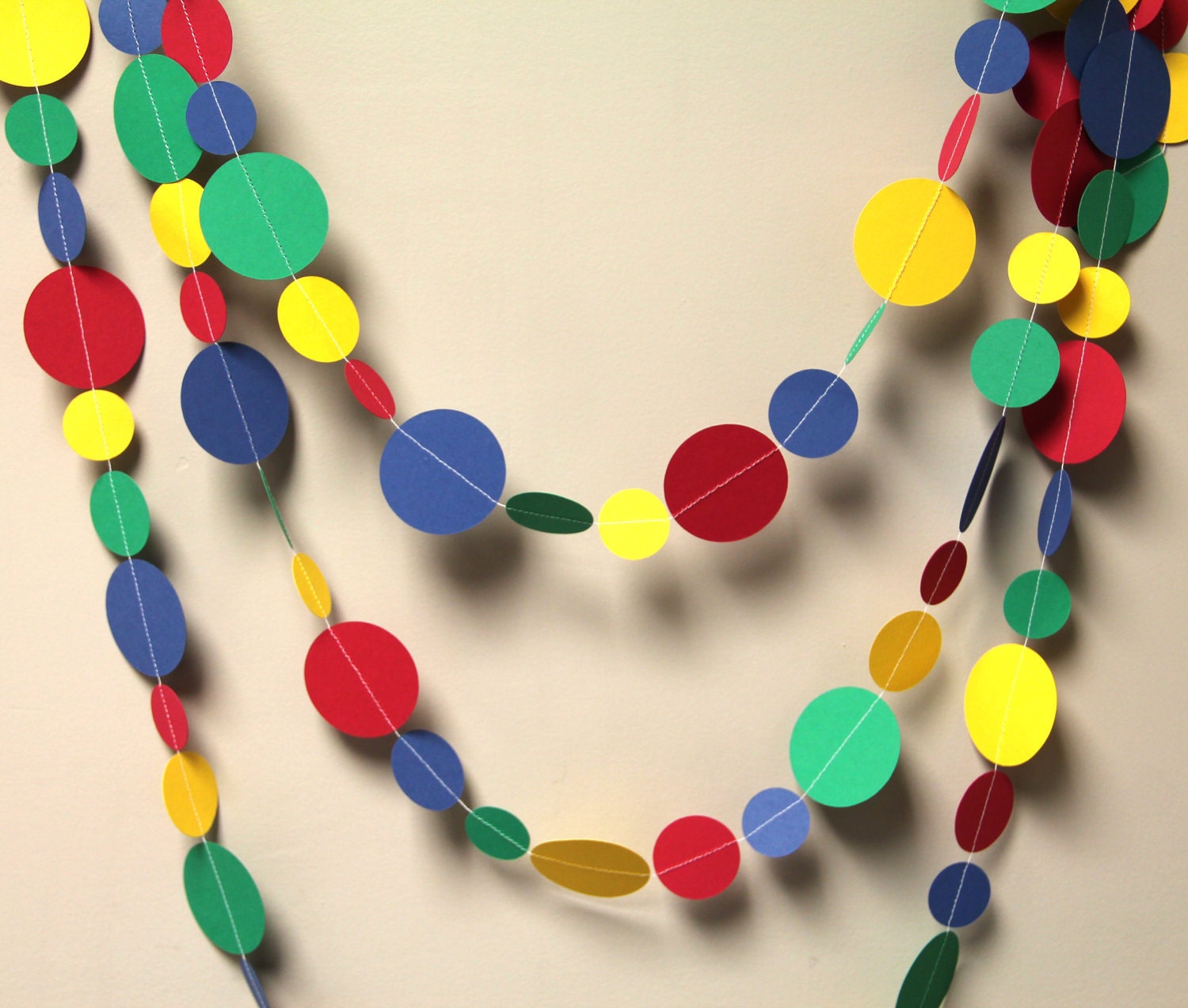 Red, Yellow, Green & Blue paper circle garland (15 feet) - READY TO SHIP