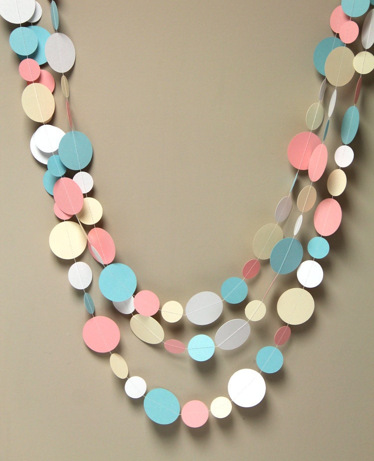White, Cream, Pink and Blue circle garland (15 feet) - READY TO SHIP