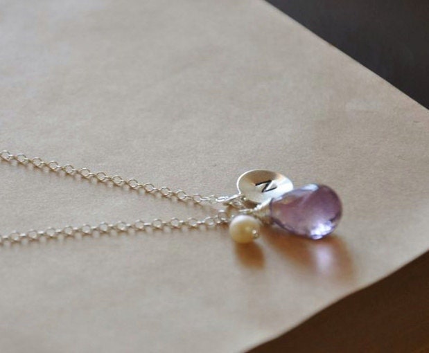 Personalized Purple Amethyst Sterling Silver Necklace- Custom Initial, February Birthstone, Freshwater Pearl, Great Bridesmaids Gifts