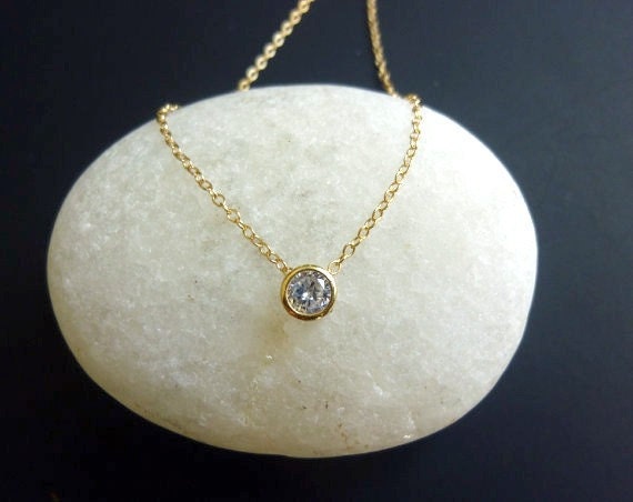 tiny diamond look necklace in gold-bezel set solitaire diamond look necklace-diamond cz solitaire necklace in gold-small diamond necklace