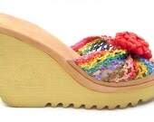 Vintage Cherokee Platform Wedge 80s Rainbow Raffia Slide Sandals- Size 8 Wide
