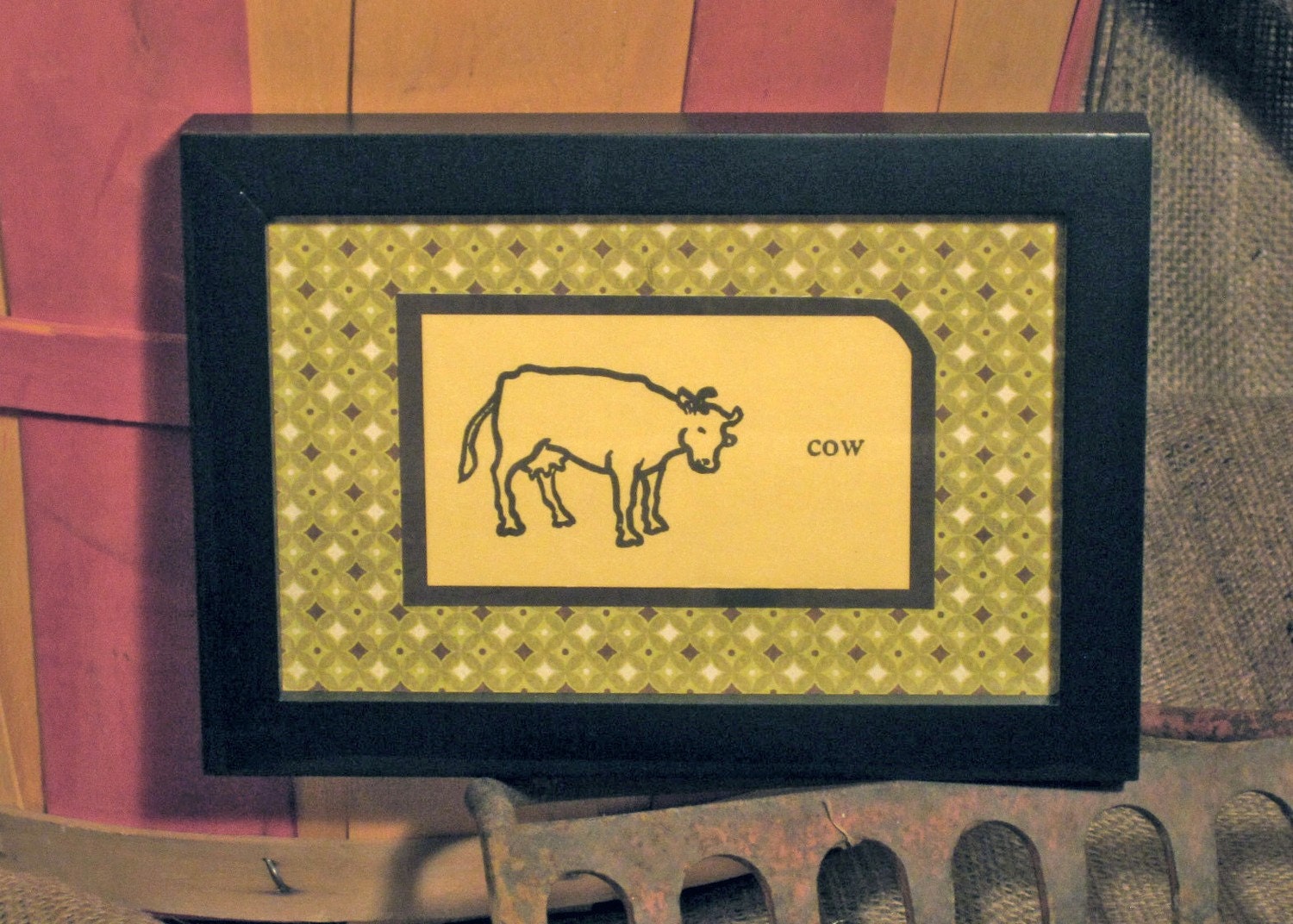 E. W. Dolch Framed Vintatge Flash Card - "cow"
