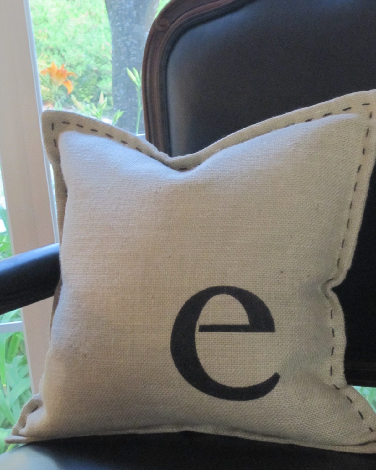 Stenciled Monogram Burlap Pillow - the letter "e"