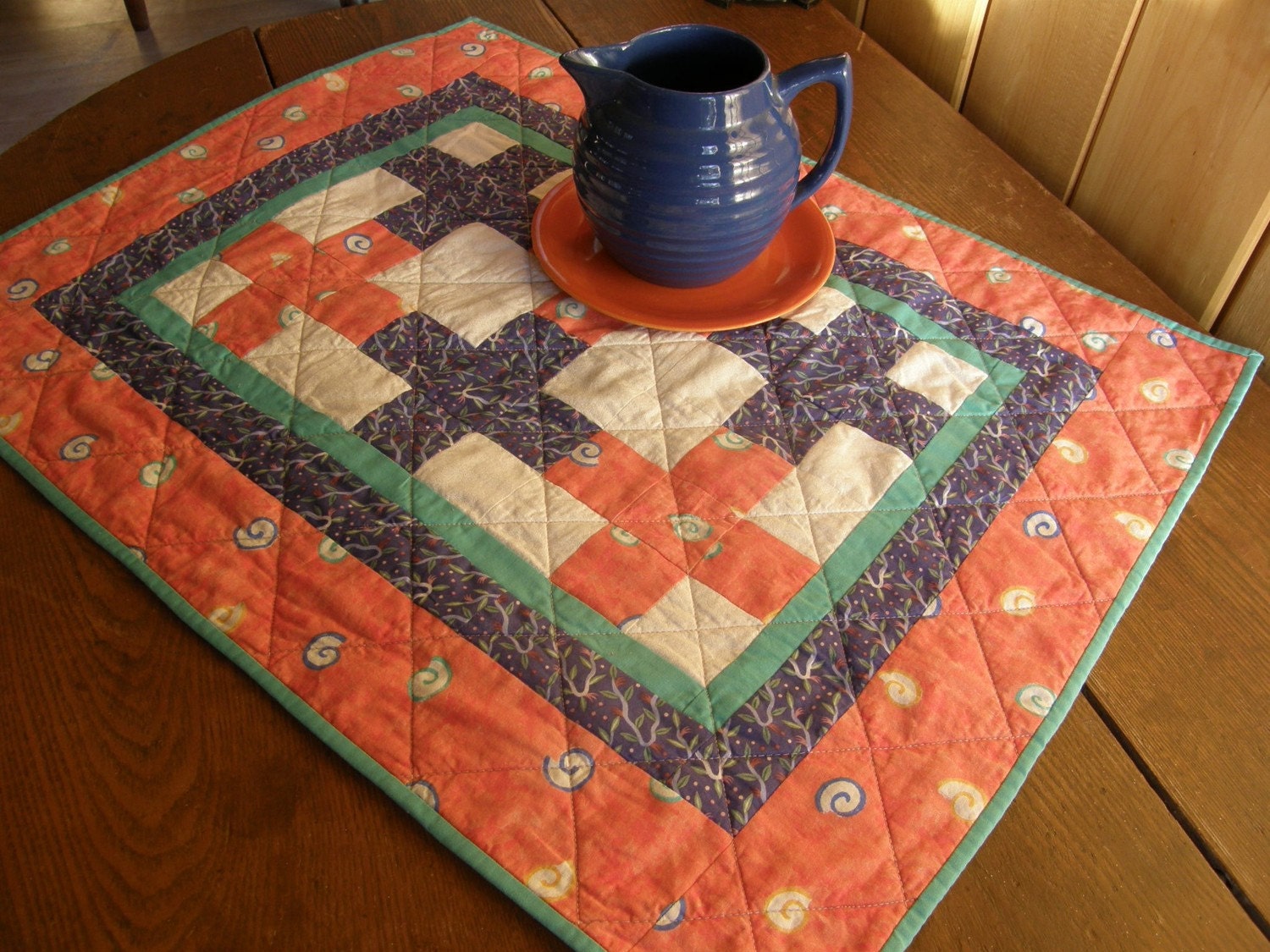 MODERN Quilted Table Runner - Tangerine and Blue Topper