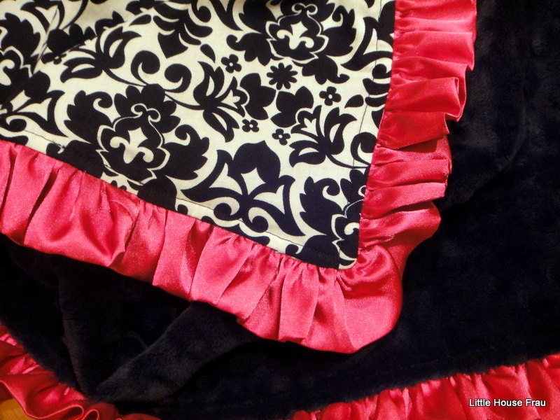 Black and White Damask Minky Dot Blanket with Pink Satin Ruffle