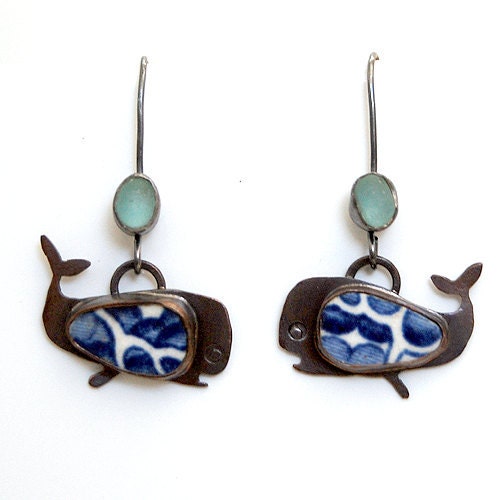 Pottery Shard jewelry - Whale Charm Earrings with Blue and White Pattern and Sea Glass