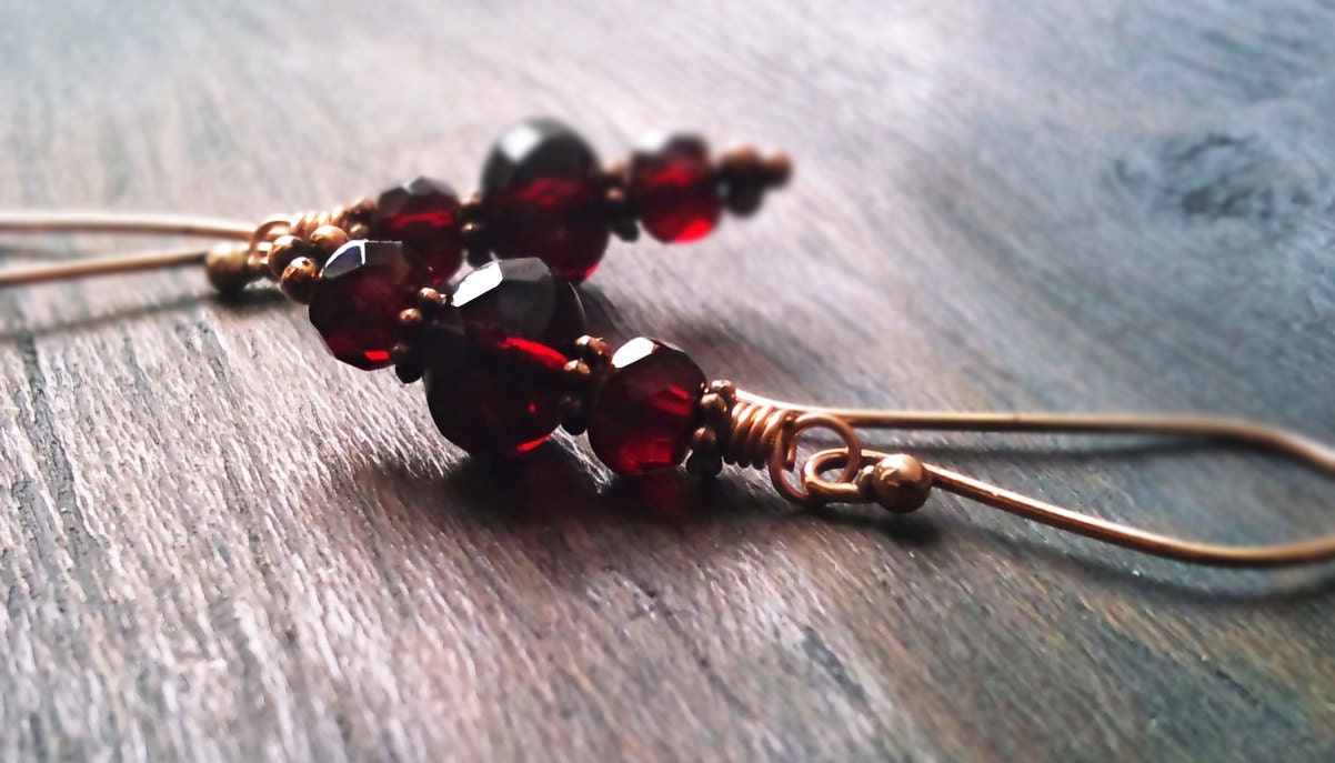 Red Copper Earrings. Deep Love. Red Czech glass beads on solid copper. Dramatic and Gothic jewelry